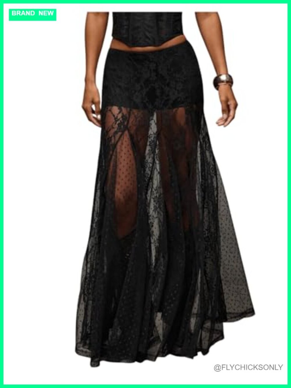 Sexy Sheer Lace Maxi Skirt See Through Low Waist Flowy A-Line